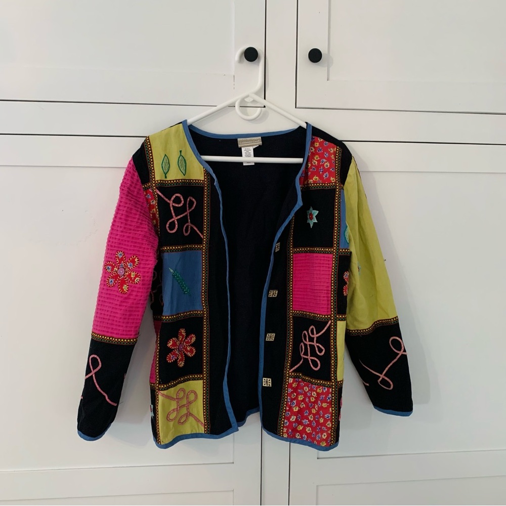 Coldwater Creek Multicolor Cotton Linen Embroidered Floral Aplique Jacket Size M